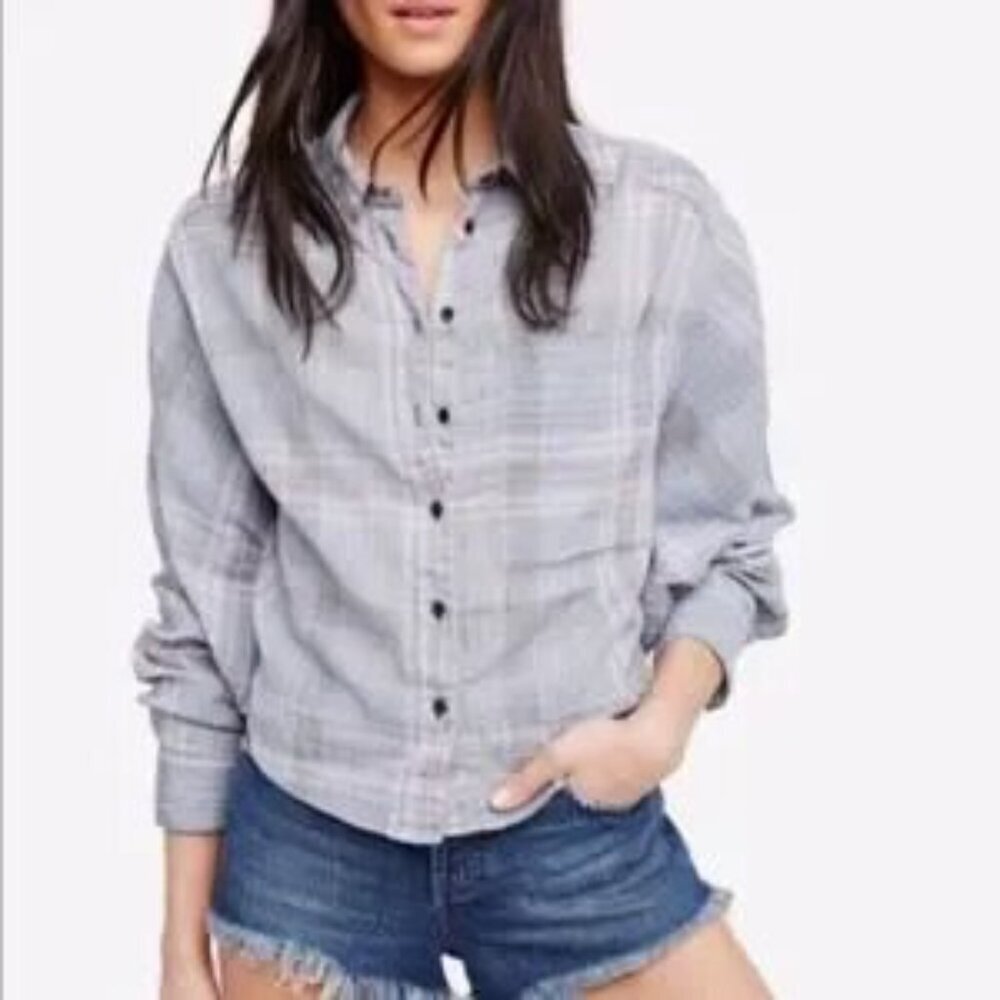 Free People Women Top Sz XS Blue Cutie Plaid Button Down Oversized Bohemian